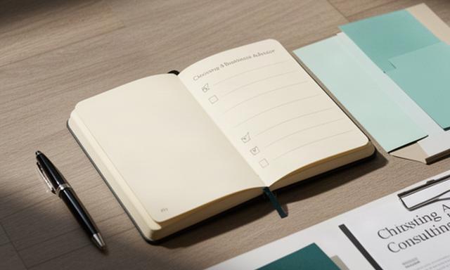 Notitieboek met checklist voor het kiezen van een bedrijfsadviseur op een kantoorvloer
