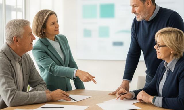 Directieteam van een familiebedrijf bespreekt processen met notities en dashboards in een lichte vergaderruimte